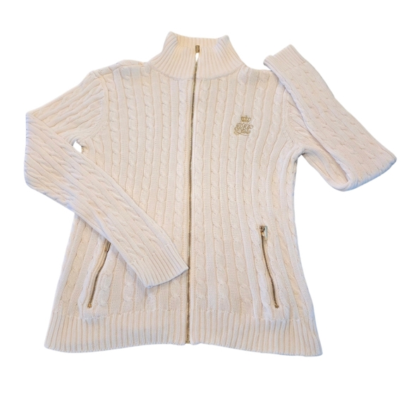 Ralph Lauren Sweaters - Ralph Lauren Cream Cable-Knit Zip Cardigan with Gold Logo Crest Women's Small